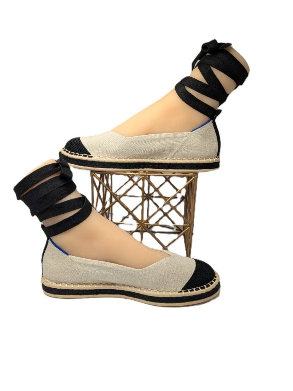NWOT Rothy's Cream Black Espadrille Flats Ankle Wrap Laces 9.5 Sustainable - Picture 2 of 11